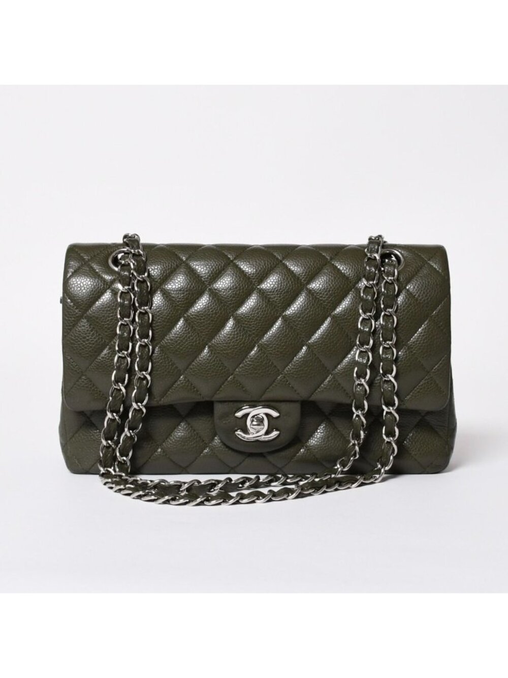 Chanel Quilted 25 Double Flap Chain Shoulder Bag CC Logo Caviar Leather Olive